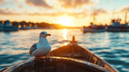 A serene sunset scene featuring a solitary seagull perched on the edge of a boat, with the tranquil waters and golden sky providing a peaceful atmosphere.