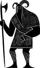 Heimdall silhouette, Norse god, primitive tribal viking style, bold rough lines, simple figure with ram horned helmet, standing guard
