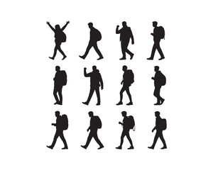 Twelve Black Silhouettes Backpackers Walking Hiking Travel Vector Illustration
