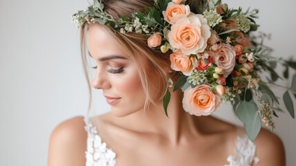 Naklejka premium A stunning bride poses gracefully, adorned with a floral headpiece featuring soft peach roses, highlighting her natural beauty and elegant wedding attire in a serene setting.