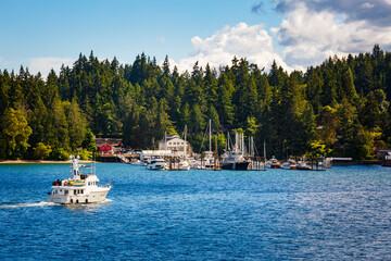 Marina and moored boats on Eagle Harbor in Winslow, Bainbridge Island, Washington State, USA.