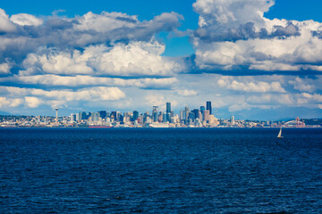 Seattle skyline from Elliott Bay on Puget Sound, Washington State, USA.