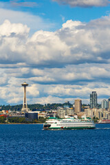 Seattle skyline from Elliott Bay on Puget Sound, Washington State, USA.