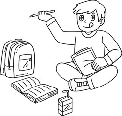 School Yard Boy Studying on the Grass Isolated 