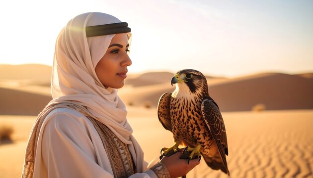 Arabian woman falcon desert sunset.