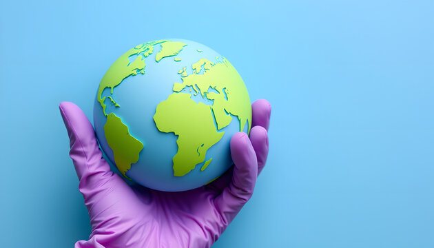Purple rubber cleaning glove cradling a globe against a vibrant blue backdrop, symbolizing global housekeeping., papercraft. isolated with white highlights