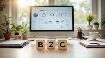 Business to consumer (B2C) concept emphasizes direct sales, customer engagement, and retail strategies in digital and physical markets with copy space