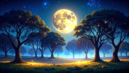 Moonlit Forest Night Landscape.