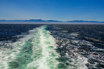 Ship wake of the Blackball Ferry on the Strait of Juan de Fuca, Washington State, USA.