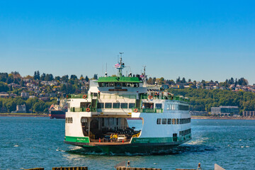 Seattle ferry arriving at Coleman Dock, Washington State, USA.