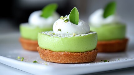An appetizing close-up of delectable green desserts garnished with whipped cream and mint, enticing food lovers with its vibrant colors and artistic arrangement.