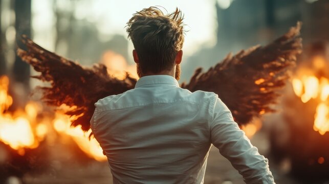 A dramatic scene featuring a man with wings standing amidst fire, symbolizing transformation and freedom, evoking strong emotions of power and mystique in a surreal landscape.