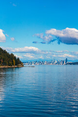 Seattle skyline from Bainbridge Island and Puget Sound, Washington State, USA.