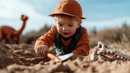 A joyful child digs happily in the sand with digging toys, showcasing a delightful moment of play and exploration amidst a natural outdoor setting with dinosaurs.
