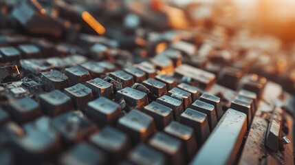 A close-up of a worn-out keyboard's keys, illuminated by a warm sunset glow, creating a nostalgic aesthetic. Perfect for tech themes and vintage allure.