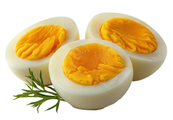 Boiled eggs halved isolated on transparent background. generative ai.