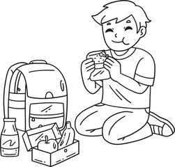 School Yard Boy Eating Lunch Outdoors Isolated 