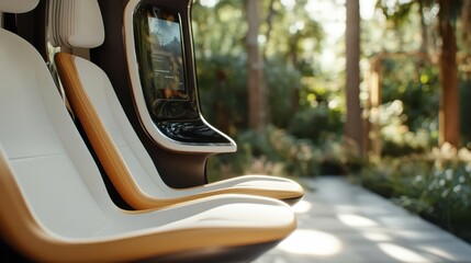 Fototapeta premium Stylish modern seating designed for comfort is set amidst lush greenery, blending contemporary design with nature for a perfect harmony of relaxation and style.