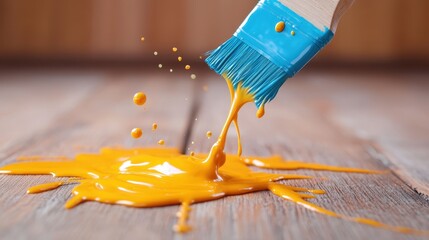 A dynamic splash of bright yellow paint contrasts beautifully against the warm tone of a wooden surface, evoking creativity and artistic expression in a playful manner.