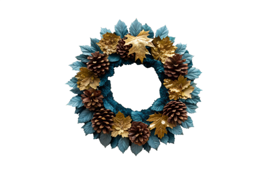 Stunning Teal and Gold Autumnal Wreath with Pinecones and Maple Leaves
