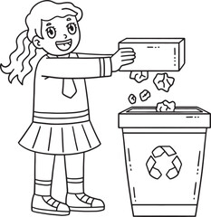 School Yard Girl Dumping Trash Isolated Coloring 