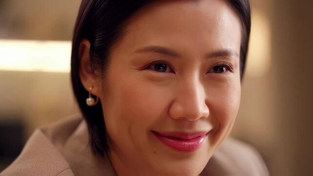 Expressive journey: closeup of woman's emotions transitioning from rest to joyful smile