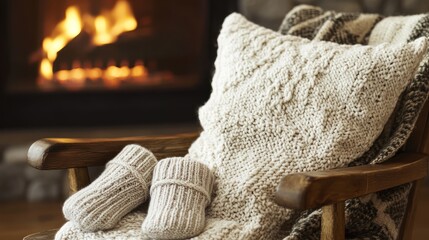 Cozy Winter Scene: Knitted Cushions and Slippers by a Fireplace