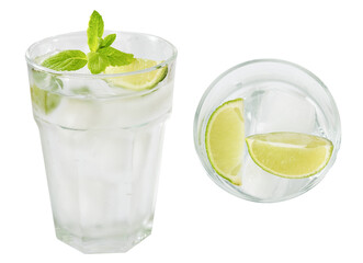 Closeup cocktail drink gin tonic or cold lemonade drink garnished with line slice, top view,  side view isolated clipping path on white.