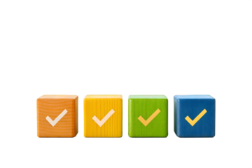 Colorful Wooden Blocks with Checkmarks  Success, Completion, and Achievement Symbols