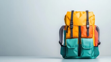 A modern, colorful backpack stands against a plain background, showcasing its unique design and vibrant colors, perfect for travel or daily adventures.
