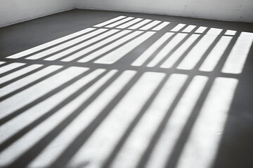 Naklejka premium Shadows on Floor: Sunlight streams through a window, casting contrasting lines across the grey floor. Geometric patterns and chiaroscuro. Light and shadow play.