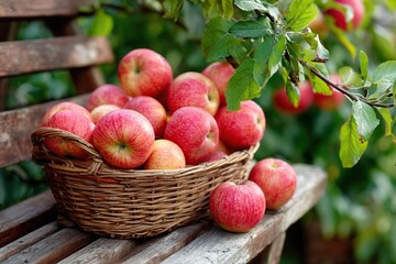 Freshly picked apples in a woven basket resting on wood in an orchard during autumn