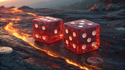 Red lava dice game gambling risk chance hazard fiery hot molten rock gaming tabletop casino concept