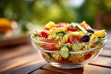 Fresh pasta salad with olives and cherry tomatoes in a sunny outdoor setting