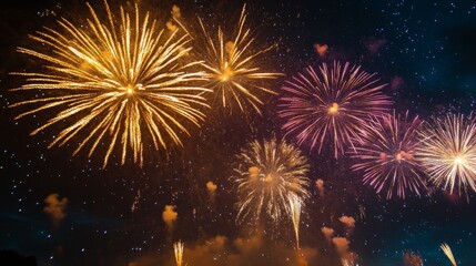 Fireworks painting the night sky, visible stars, celebration concept. generative ai