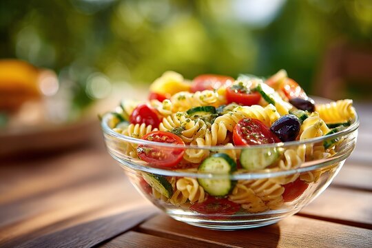 Fresh pasta salad with olives and cherry tomatoes in a sunny outdoor setting