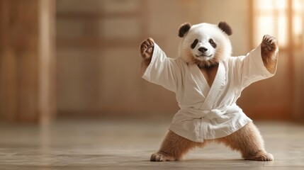 This lighthearted image features a panda dressed in a karate gi, playfully posing as if practicing martial arts, symbolizing fun and the unique blend of wildlife and culture.