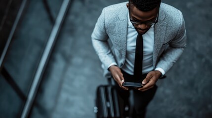 A well-dressed man, focused on his smartphone, stands in a sleek, modern office environment, blending professionalism with technology in a fast-paced world of business.