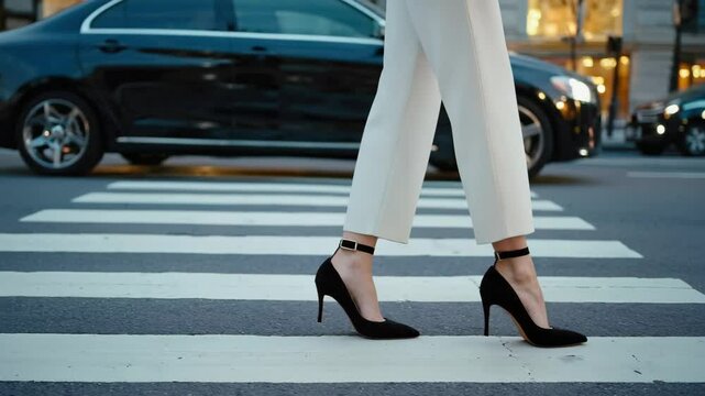 Fashionable heels make a statement on urban crosswalk