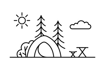 Tourist tent in the forest icon. Black outline linear silhouette. Editable strokes. Front view. Vector simple flat graphic illustration. Isolated object on white background. Isolate.