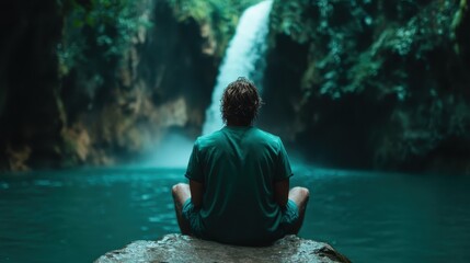 Obraz premium A person sits peacefully beside a stunning waterfall, embodying tranquility and reflection, surrounded by lush greenery that enhances the sense of calm and connection with nature.