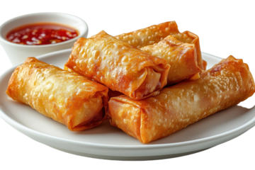 Spring rolls plate isolated on transparent background. Generative AI.