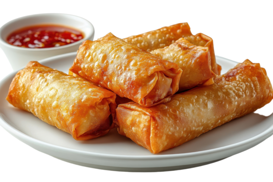 Spring rolls plate isolated on transparent background. Generative AI.