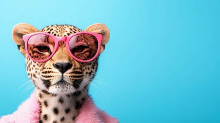 Fototapeta premium A fashionable leopard dons vibrant pink sunglasses against a bright blue backdrop, merging the worlds of style and wildlife in a fun and playful manner.
