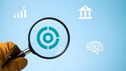 A magnifying glass reveals a data analysis target chart symbolizing growth opportunities financial markets research intelligence strategic planning and business insights.