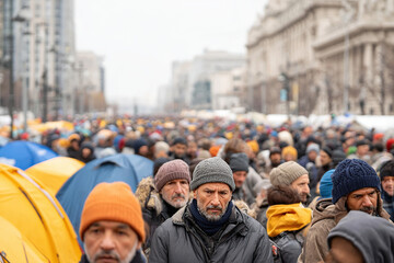 Large crowd of individuals gathered in winter gear at a city event during a chilly day