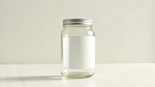 Minimalist glass jar mockup with white blank label, empty transparent storage container with silver metal lid, clean product packaging template