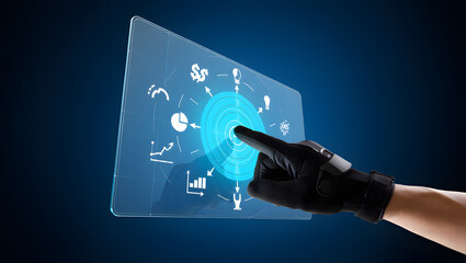A gloved hand interacts with a futuristic transparent touchscreen displaying business analytics charts graphs and financial symbols illustrating technology innovation and data management.