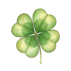 A watercolor illustration of a lucky four leaf clover against a solid white background perfect for designs, PNG.