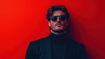 Fototapeta premium A fashionable man confidently posing against a striking red background, illustrating modern masculinity, style, and the importance of personal expression in contemporary life.